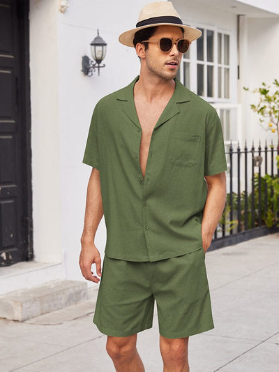 Casual Linen Short Sleeve Shirt Sets (US Only) Sets coofandystore Army Green S 