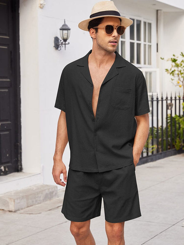 Casual Linen Short Sleeve Shirt Sets (US Only) Sets coofandystore Black S 