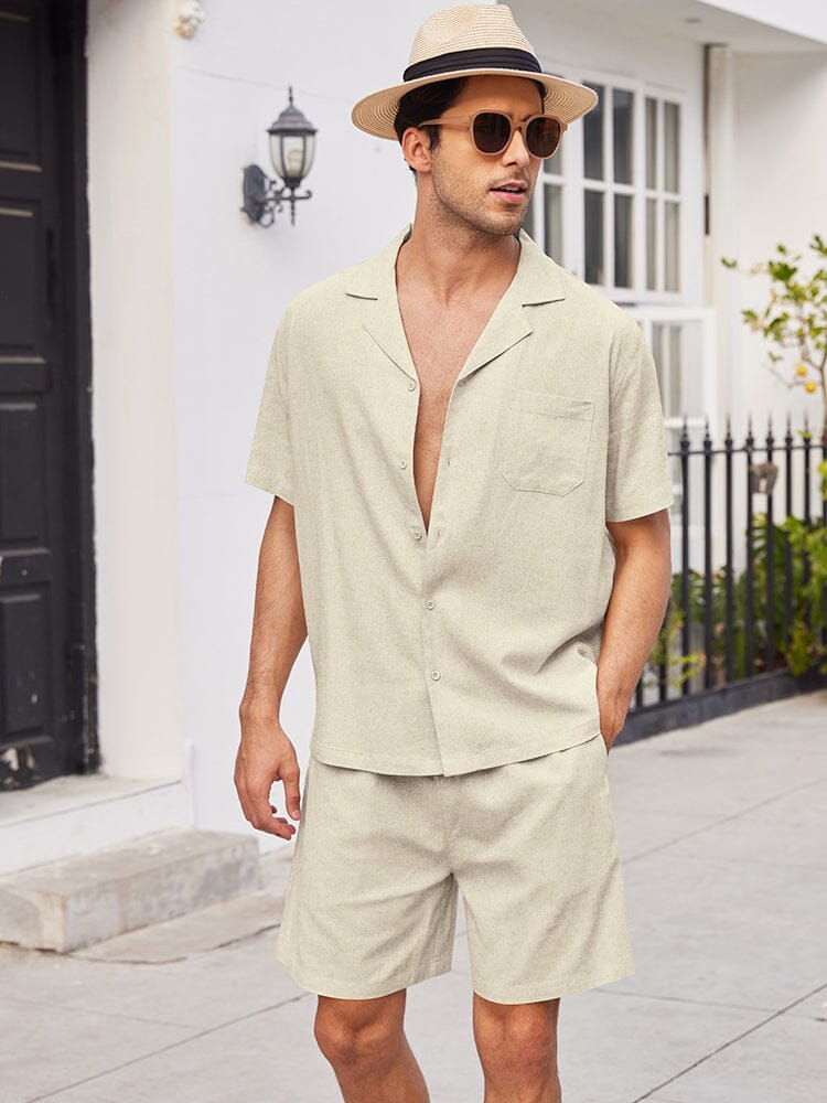 Casual Linen Short Sleeve Shirt Sets (US Only) Sets coofandystore Khaki S 