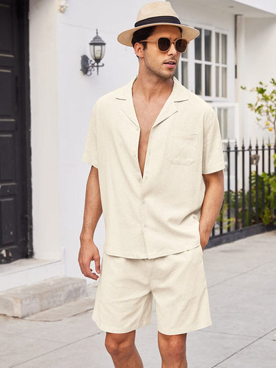Casual Linen Short Sleeve Shirt Sets (US Only) Sets coofandystore Light Khaki S 