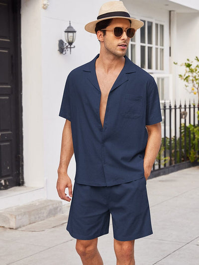 Casual Linen Short Sleeve Shirt Sets (US Only) Sets coofandystore Navy Blue S 
