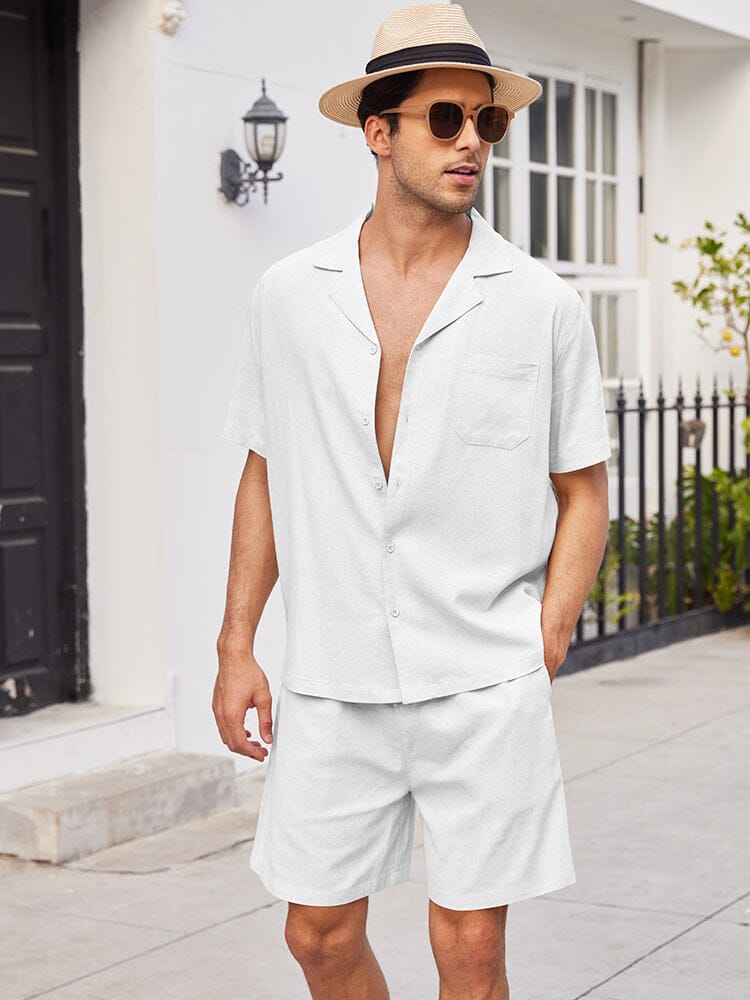 Casual Linen Short Sleeve Shirt Sets (US Only) Sets coofandystore White S 