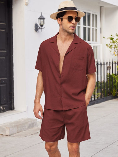 Casual Linen Short Sleeve Shirt Sets (US Only) Sets coofandystore Wine Red S 