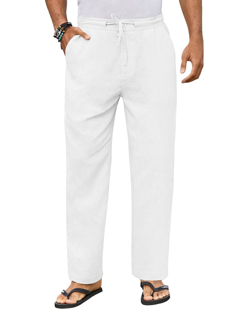 Casual Straight Linen Drawstring Pants (US Only) Pants coofandy White S 