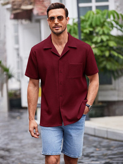 Waffle Loose Fit Short Sleeve Shirt (US Only) Shirts coofandystore Wine Red S 