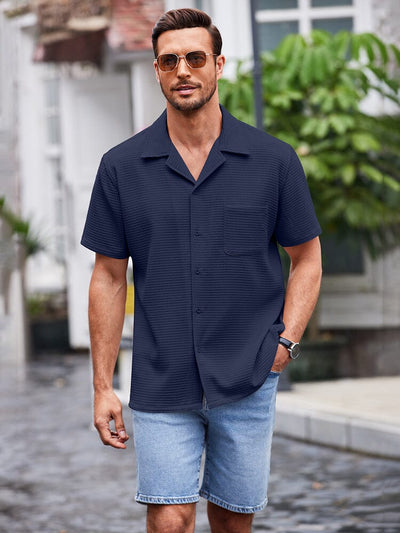 Waffle Loose Fit Short Sleeve Shirt (US Only) Shirts coofandystore Navy Blue S 