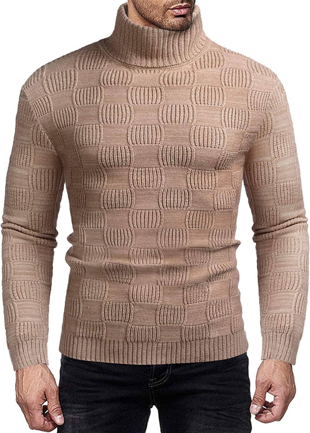 Men's Knitted Turtleneck Sweater Plaid Hightneck Long Sleeve Sweater (US Only) Sweaters COOFANDY Store Khaki S 