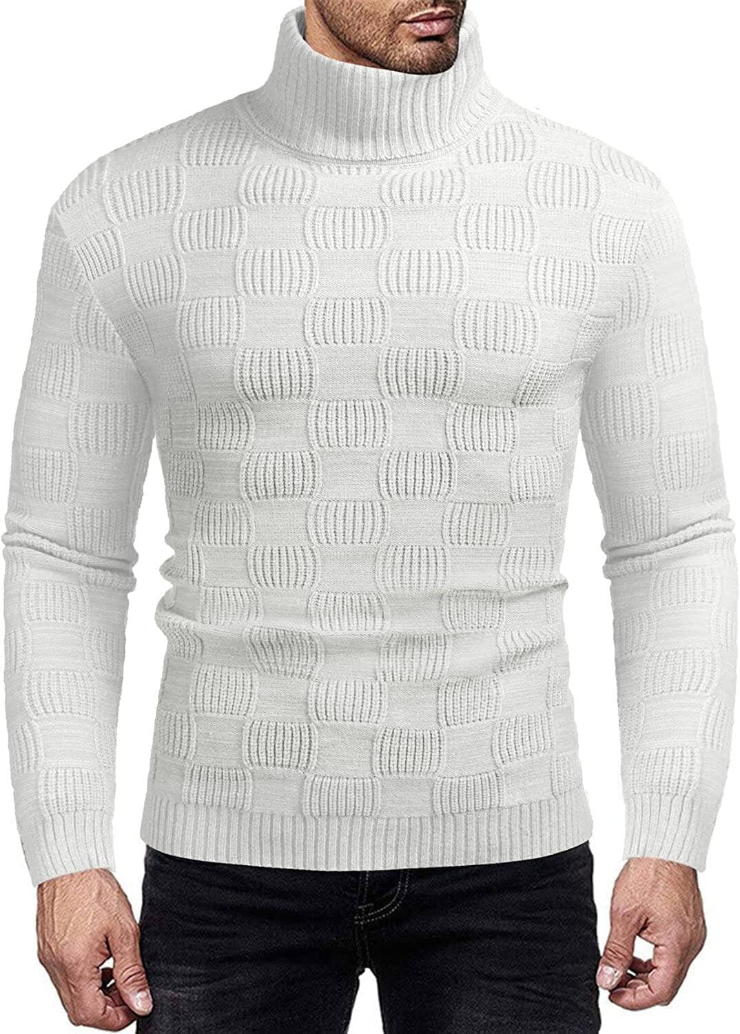 Men's Knitted Turtleneck Sweater Plaid Hightneck Long Sleeve Sweater (US Only) Sweaters COOFANDY Store White S 