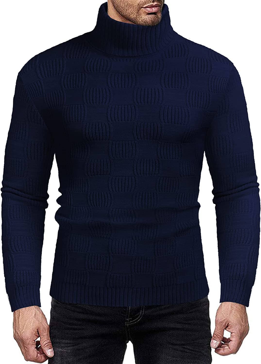 Men's Knitted Turtleneck Sweater Plaid Hightneck Long Sleeve Sweater (US Only) Sweaters COOFANDY Store Navy Blue S 