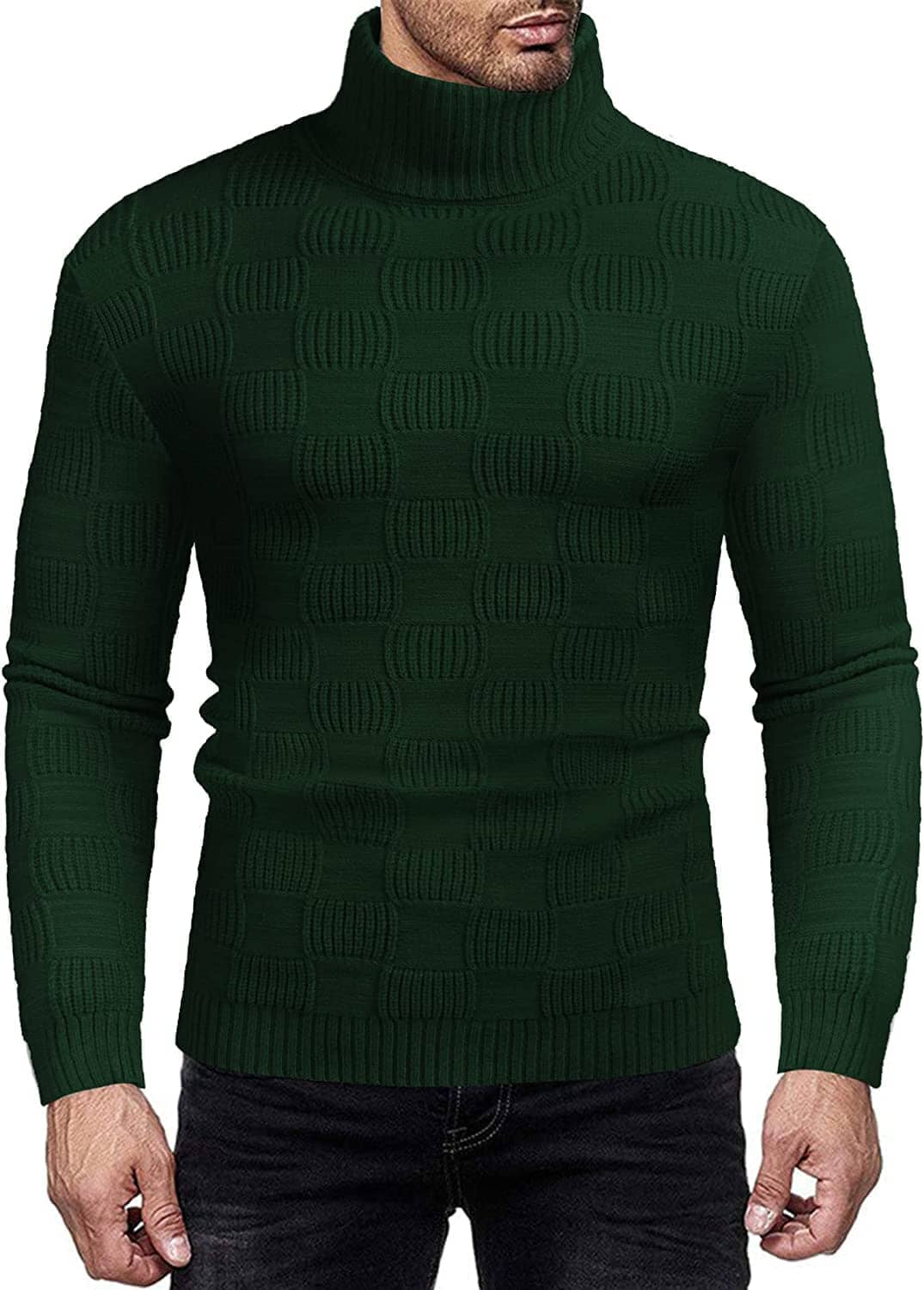 Men's Knitted Turtleneck Sweater Plaid Hightneck Long Sleeve Sweater (US Only) Sweaters COOFANDY Store Green S 