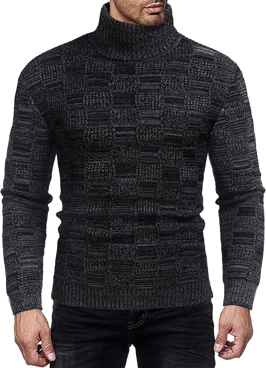 Men's Knitted Turtleneck Sweater Plaid Hightneck Long Sleeve Sweater (US Only) Sweaters COOFANDY Store Black S 