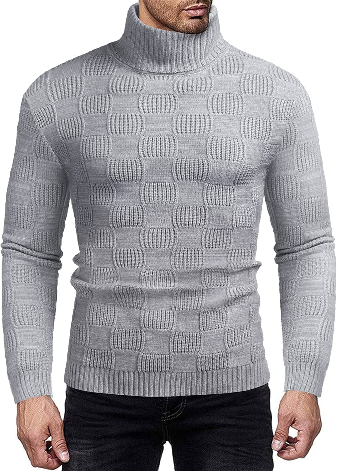 Men's Knitted Turtleneck Sweater Plaid Hightneck Long Sleeve Sweater (US Only) Sweaters COOFANDY Store Light Grey S 