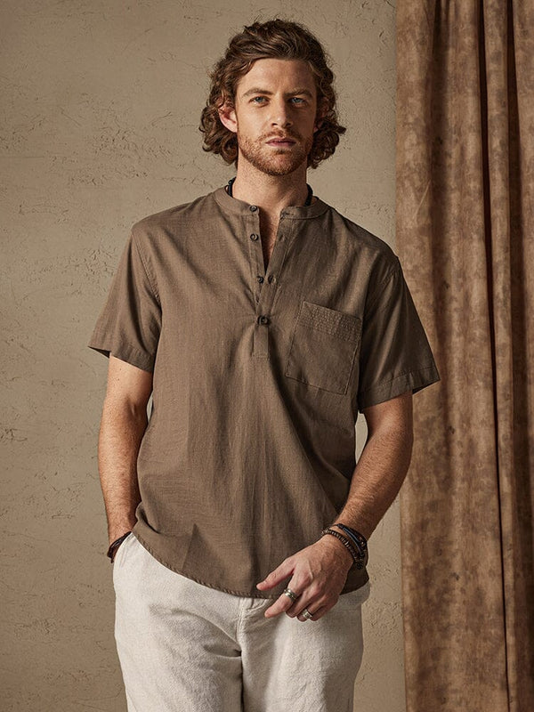 Casual Cotton and Linen Henley Shirt with Pocket Shirts coofandystore Khaki S 