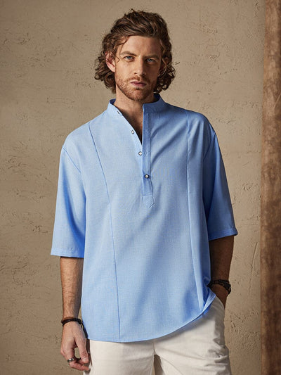 Casual Cotton Linen Mid-sleeve Shirt Shirts coofandystore Sky Blue S 