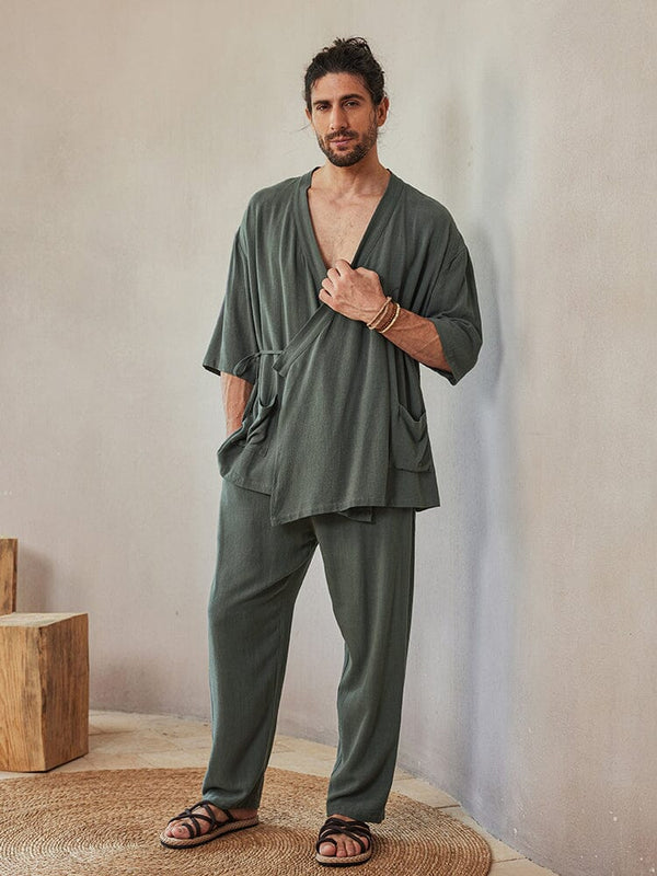 Casual Linen Blend Shirt Set Sets coofandystore Grey Green M 