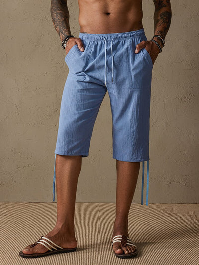 Cotton Linen Casual Drawstring Shorts Pants coofandystore Blue M 