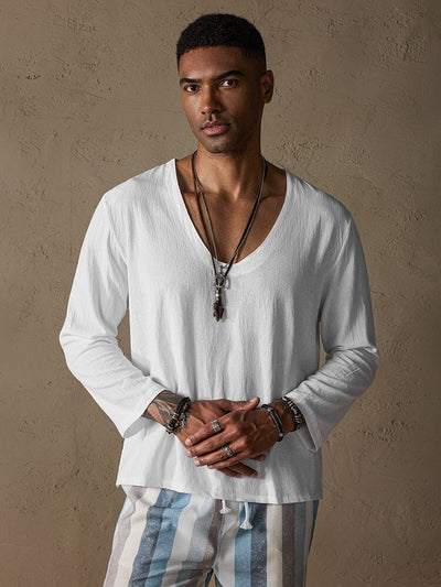 Casual Loose Fit Solid V-neck Cotton Linen Top Shirts coofandystore White M 