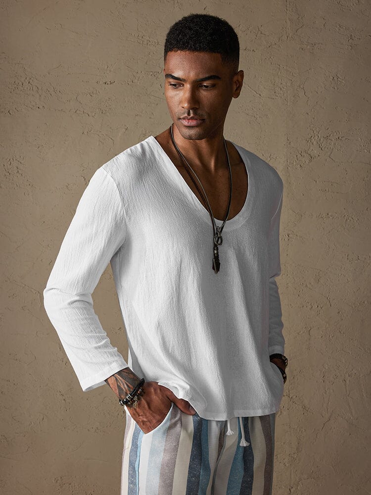 Casual Loose Fit Solid V-neck Cotton Linen Top Shirts coofandystore 
