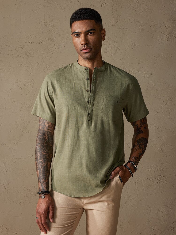 Cozy Half Button Cotton Linen Shirt Shirts coofandystore Army Green S 