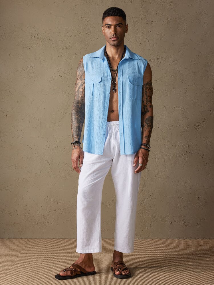 Cotton Linen Sleeveless Button Shirt with Pockets Shirts coofandystore 