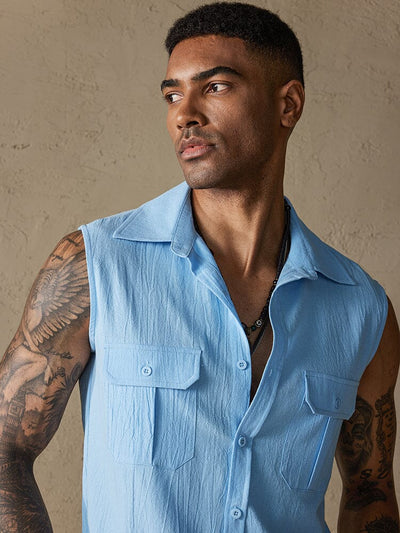 Cotton Linen Sleeveless Button Shirt with Pockets Shirts coofandystore 