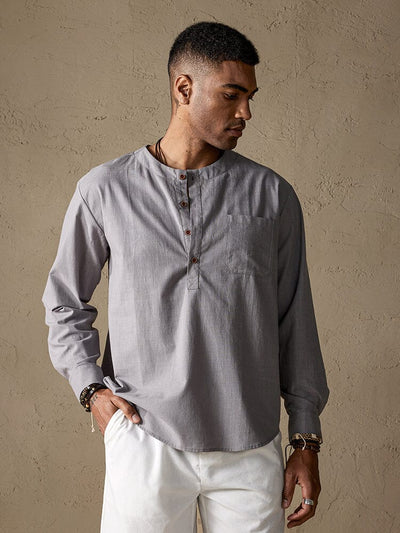Cotton Linen Henley Shirt With Pocket Shirts coofandystore 