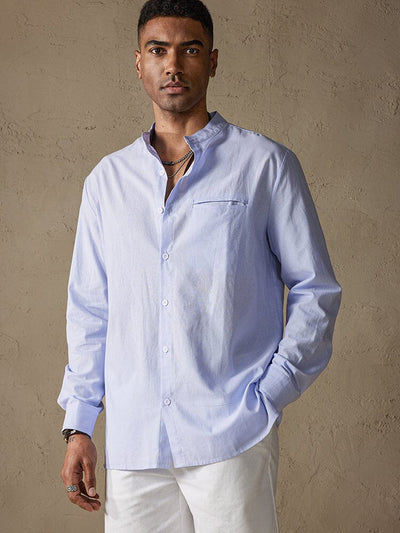 Cotton Linen Stand Collar Button Casual Shirt Shirts coofandystore Light Blue M 