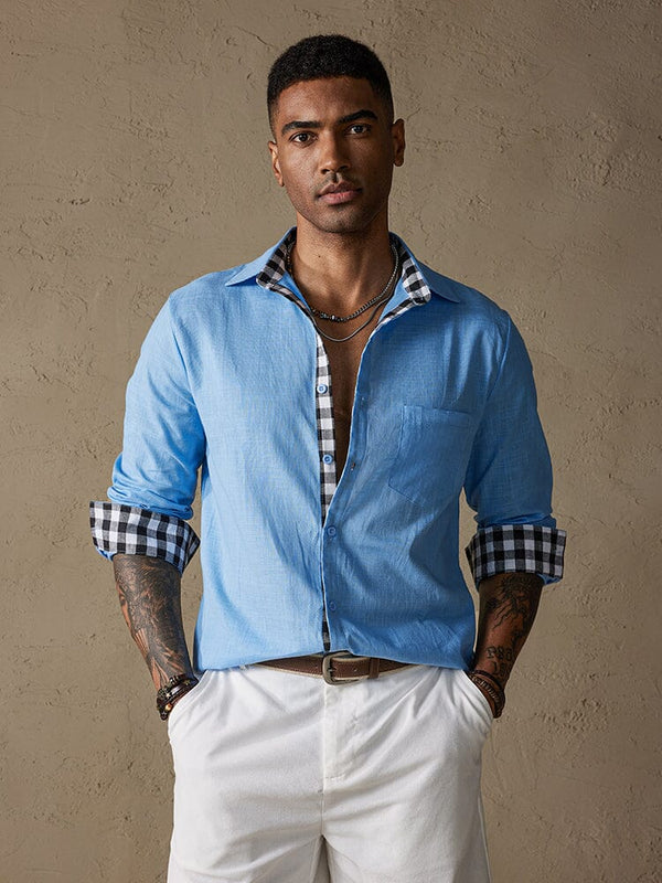 Coofandy Linen Style Long Sleeves Plaid Collar Shirt Shirts coofandy Blue S 
