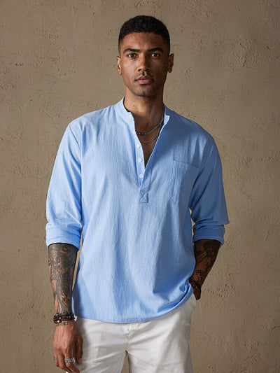 Linen V-neck Beach Long-sleeved Shirt Shirts & Polos coofandystore Light Blue S 