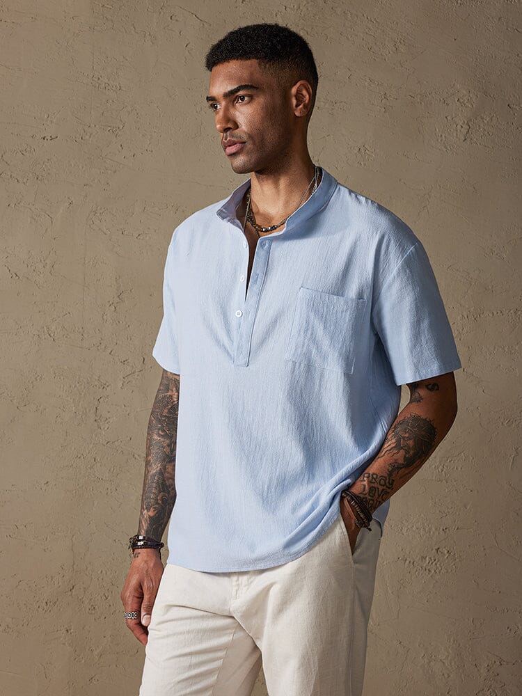 Fashion Cotton Linen Half Button Shirt Shirts coofandystore Light Blue S 