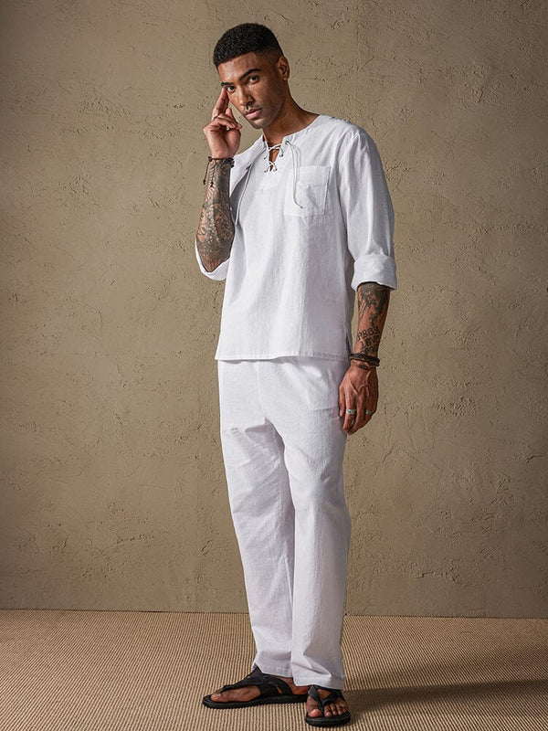 Solid Color Long Sleeve Casual Cotton Linen Set Sets coofandystore White S 