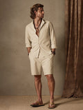Casual Solid Color Cotton Linen Beach Shirt Set Sets coofandystore 