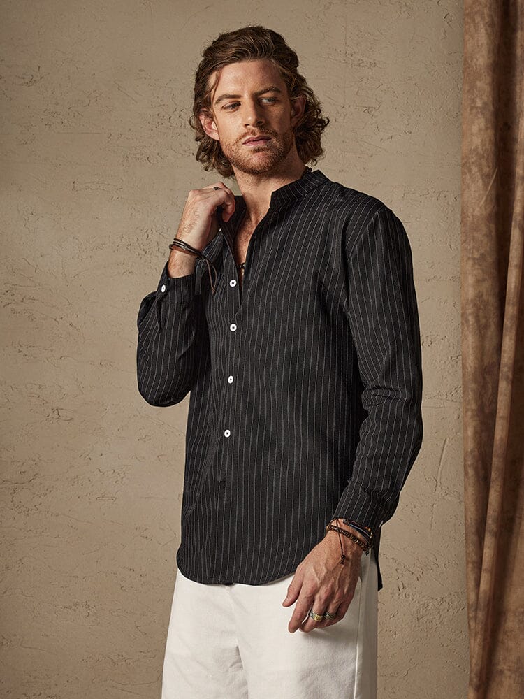Casual Stand Collar Stripe Cotton Linen Shirt Shirts coofandystore Black S 