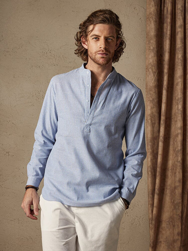 Cotton Linen Stripe Long Sleeve Shirts Shirts coofandy Blue S 