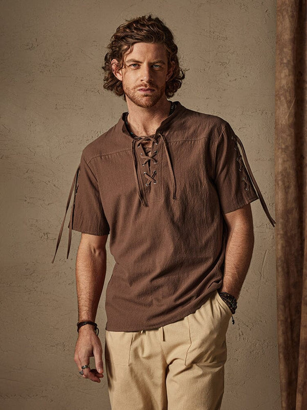 Vintage Cotton Linen Drawstring Shirt Shirts coofandystore Brown M 