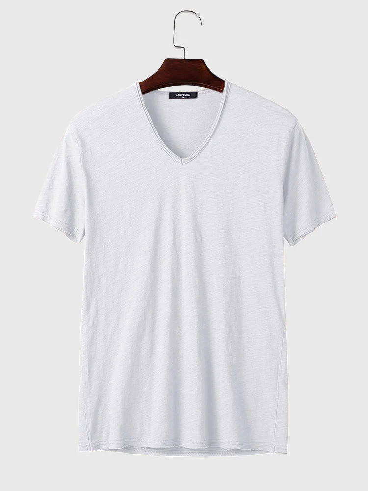Cotton V-Neck Short Sleeve T-Shirt coofandystore White S 
