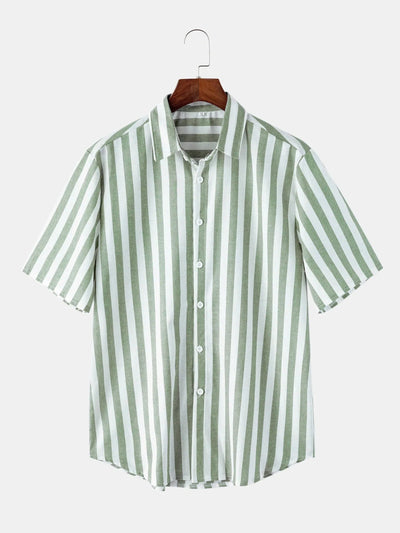 Striped Linen Short Sleeve Beach Shirt coofandystore Green M 