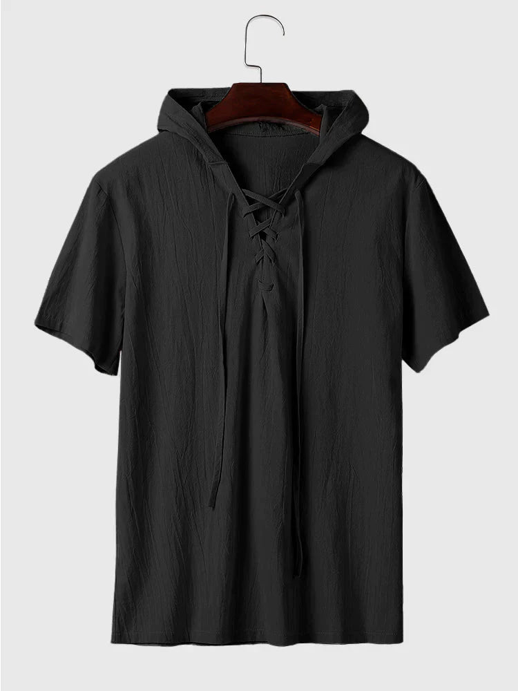 Short Sleeve Tie Hooded Shirt coofandystore Black S 