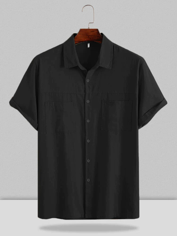 Linen Style Short Sleeve Two Pocket Shirt coofandystore Black S 
