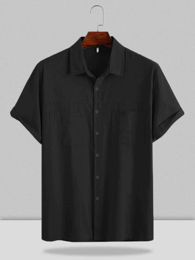Linen Style Short Sleeve Two Pocket Shirt coofandystore Black S 