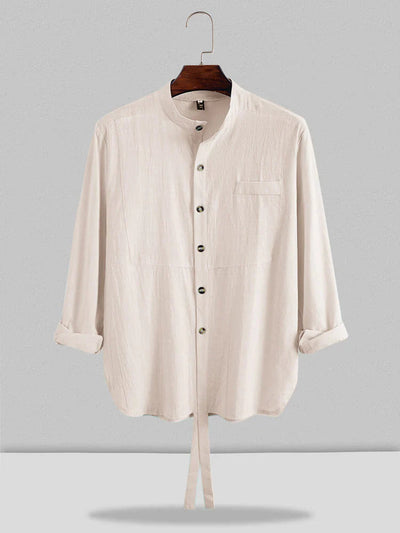 Stand Collar Linen Style Long Sleeve Shirt coofandystore Apricot M 