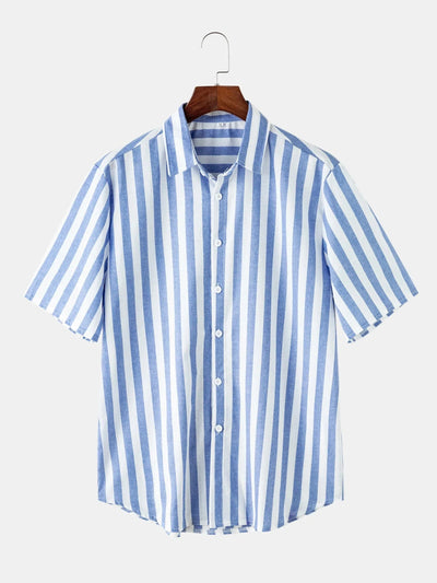 Striped Linen Short Sleeve Beach Shirt coofandystore Blue M 