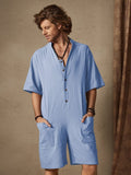 Cotton Style Stand Collar Jumpsuit Jumpsuit coofandystore Blue S 