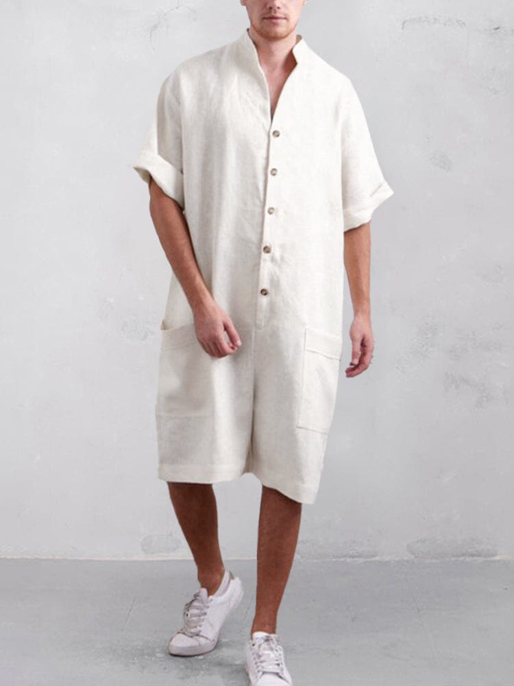 Stand Collar Cotton Linen Jumpsuit Jumpsuit coofandystore White S 