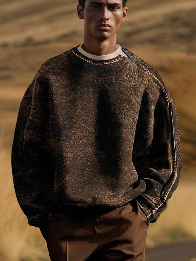 Vintage Texture Printed Tweed Sweatshirt Sweatshirts coofandy Brown M 