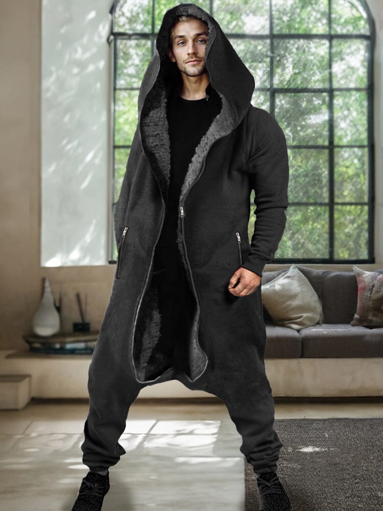 Thermal Fleece Lined Hooded Jumpsuit Jumpsuit coofandy Black M 