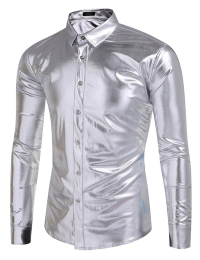 Metallic Disco Shiny Button Nightclub Party Shirt (US Only) Shirts coofandy Silver S 