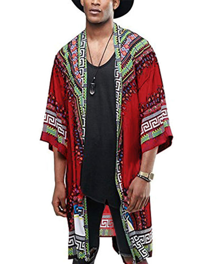 Graphic Ruffle Shawl Collar Lightweight Drape Cape (US Only) Cardigans coofandy Red S 