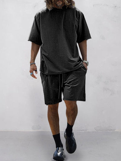 Casual Solid Color Short Sleeve Shirt Set Sports Set coofandystore Black M 