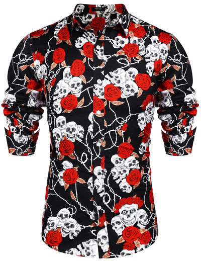 Floral Hawaiian Tropical Button Down Beach Shirt (US Only) Shirts coofandy Black:skull print S 